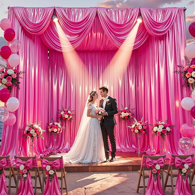 30x10ft Hot Pink Glitter Backdrop Curtain for Parties, Wrinkle Free Satin Photo Backdrop Drapes 6 Panels 5x10FT Shimmer Back Drop Cloth for Wedding Birthday Baby Shower Photography Background Decor