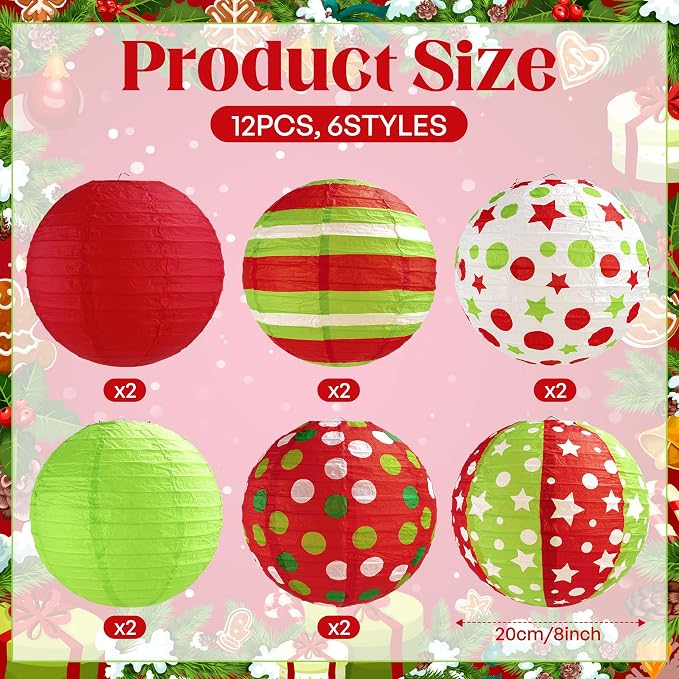 12 Pcs Red Green Christmas Hanging Paper Lanterns 8 Inch Christmas Party Lanterns Indoor Outdoor Decorative for Xmas Holiday Party Baby Shower Birthday