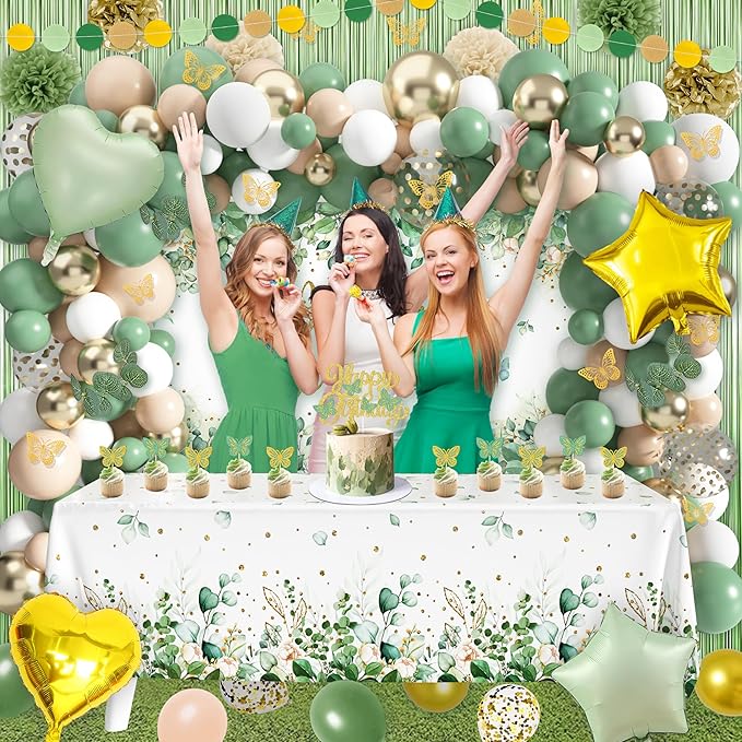 Sage Green Birthday Party Decoration Supplies for Boys Girls - Happy Birthday Backdrop, Tablecloth, Balloon Arch, Butterfly Stickers - Women Adult Decor, Neutral Baby Shower