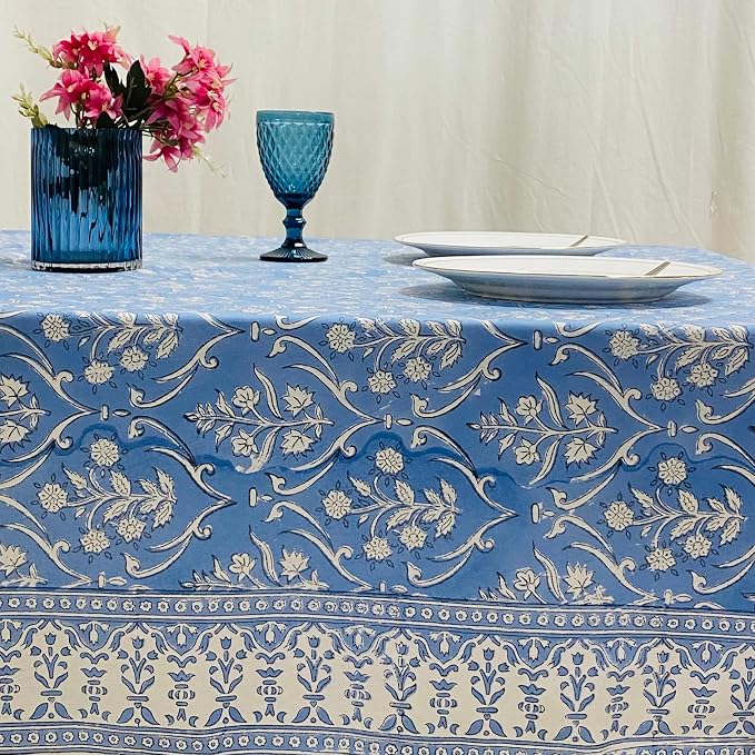 Ridhi Cornflower Blue Hand Block Print Cotton Rectangle Tablecloth 102" x 48" inches Reusable Table Cover Decorative Everyday Use for Dining Room, Farmhouse, Home Gift for Spring, Mother's Day