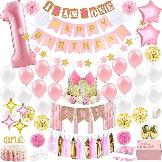 1st Birthday Girl Decorations WITH Birthday Crown- Baby First Birthday Decorations Girl - Pink and Gold Party Supplies - One Balloon, Heart and Confetti Balloons, Happy Birthday Banner ONE Cake Topper