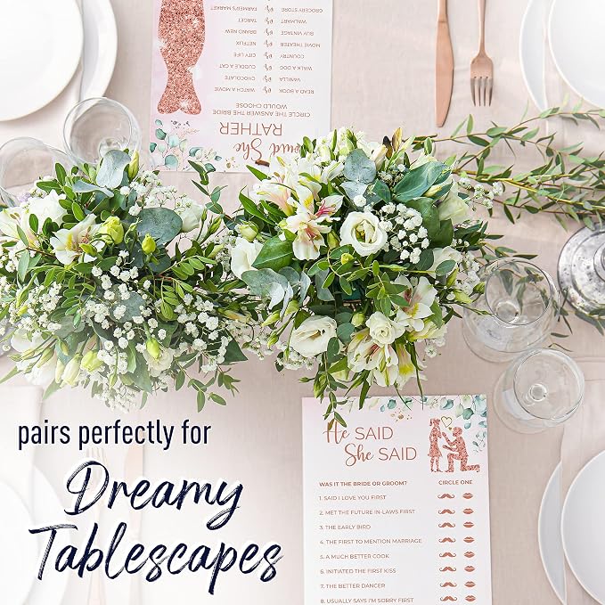 PRESTIGE Bridal Shower Games (50 Guests) + Mimosa Bar | 5 Wedding Shower Games, Boho Bridal Shower Decorations Greenery Theme, Engagement Party Decor, She Said Bridal Party Game Prizes Favors (50 Set)