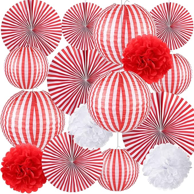 Hortsun 16 Pcs Carnival Circus Party Decorations Red and White Stripes Paper Lanterns Fans Paper Flowers for Carnival Circus Birthday Baby Shower Christmas Halloween Decoration 8/12/16 Inch
