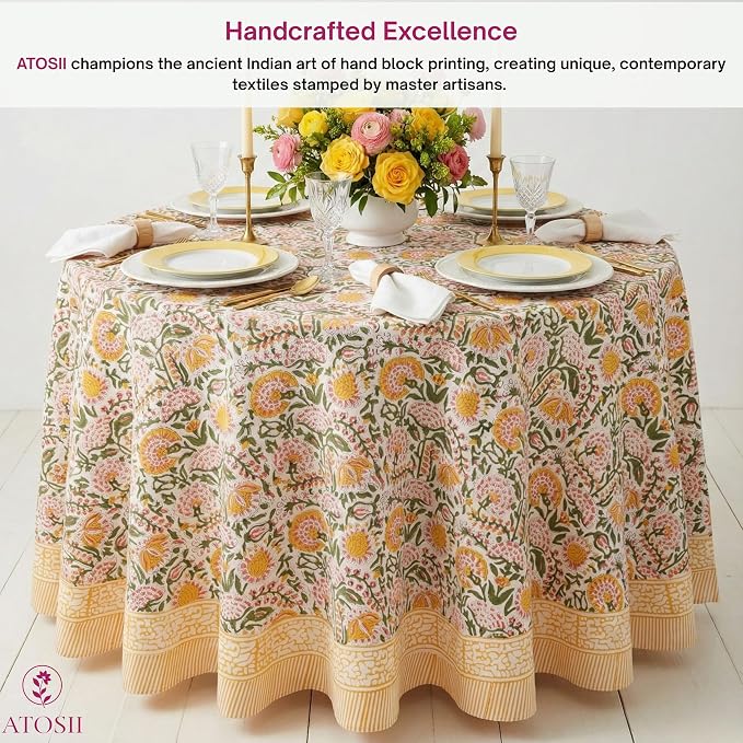 ATOSII Clover Yellow 100% Cotton Round Tablecloth, Handblock Print Floral Table Cloth for Kitchen Dining Linen I Parties, Weddings, Outdoors, Christmas, Thanksgiving I Fall Home Decor 72" Inches Round