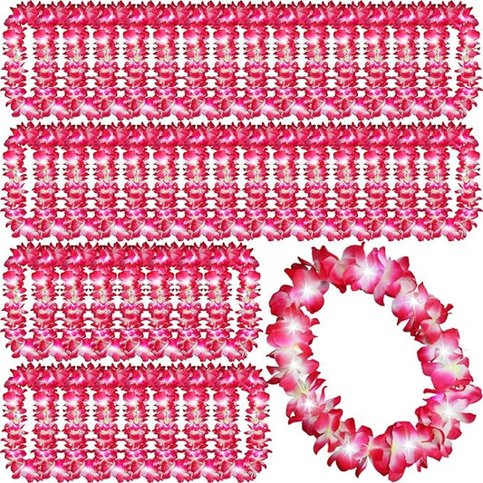 Sherr 48 Pcs LED Hawaiian Leis Light up Flower Leis Necklace with LED Lights Luau Flowers Necklaces for Masquerade Beach Wedding Tropical Themed Party Supplies(Pink)