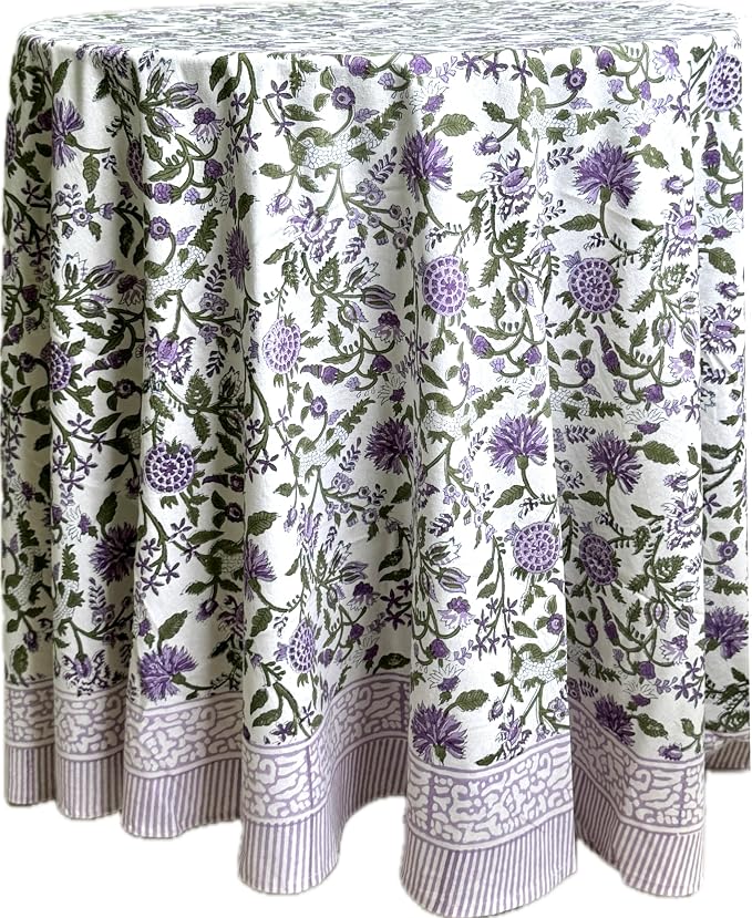 ATOSII Mahoka 100% Cotton Round Spring Summer Tablecloth, Block Print Floral Table Cloth for Kitchen Dining Linen I Parties, Weddings, OutdoorsI 72" Inches Round, 4 Seater