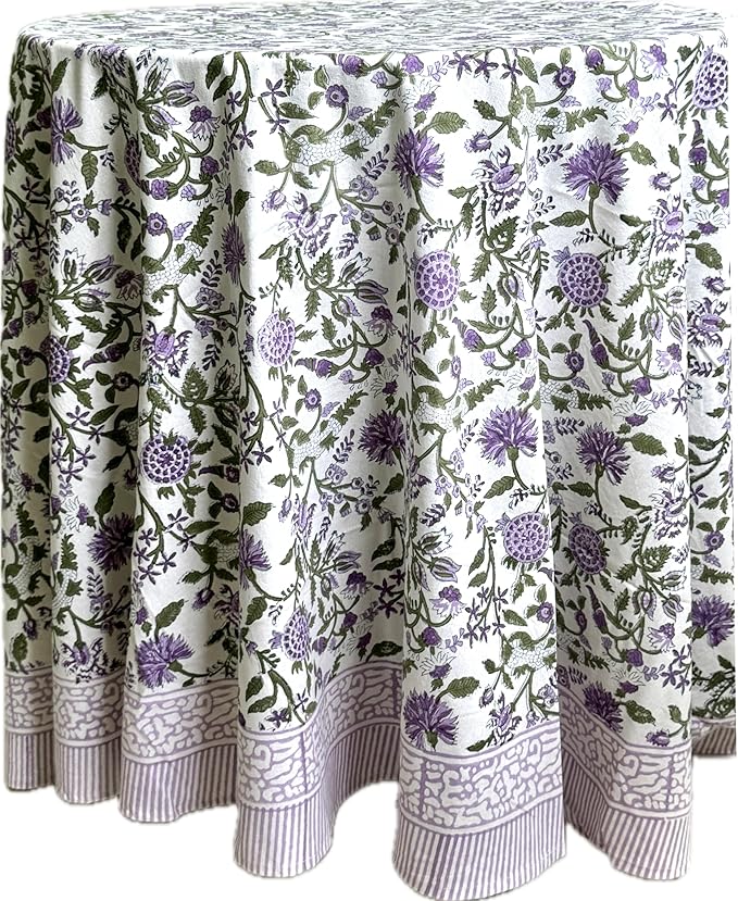 ATOSII Mahoka 100% Cotton Block Print Round Tablecloth, Floral Table Cloth Linen for Dining Parties Weddings Outdoors Holidays I 60" Inches Round, 4 Seater I Spring Summer Farmhouse Grandmillennial
