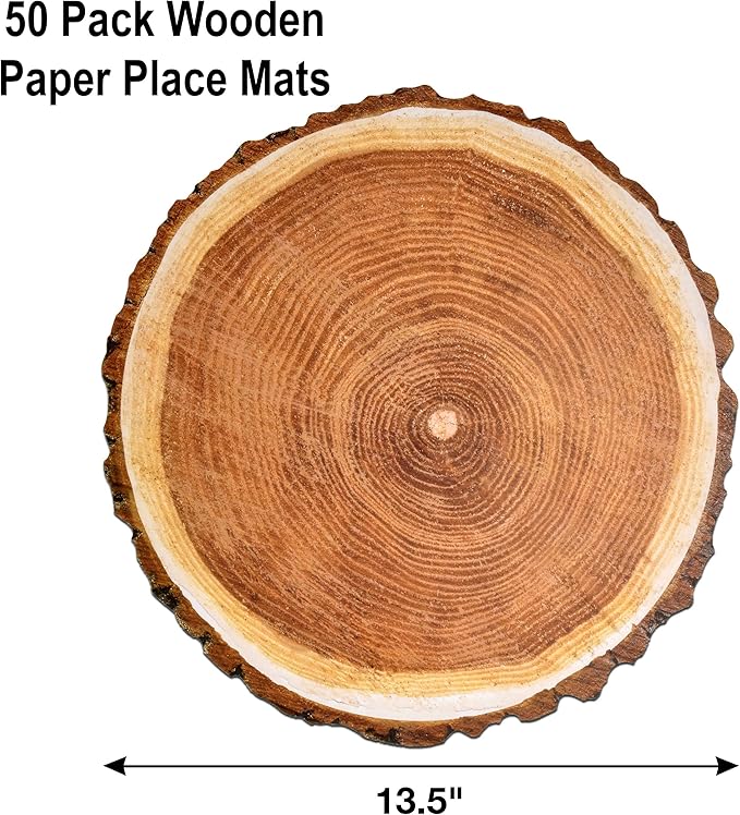 Gift Boutique Disposable Wooden Slice Paper Place Mats 50 Pack 13.5" Round Rustic Brown Wood Slices Charger Place Mat for Farmhouse Tan Table Setting Summer Spring Fall Wedding Dinner Party Decor