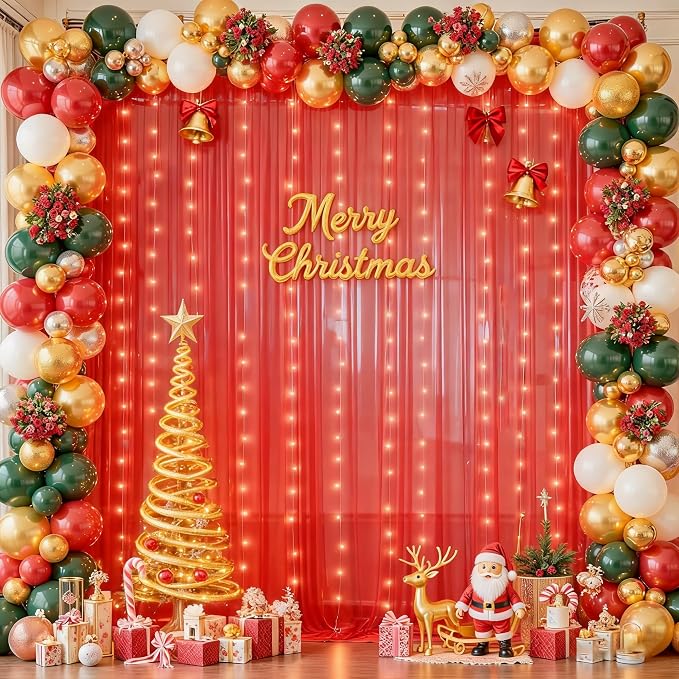 10x10ft Red Tulle Backdrop Curtain with Lights String for Parties, Sheer Photo Backdrop Drapes for Wedding Baby Shower Birthday Party Valentines Photo Shoot Decorations