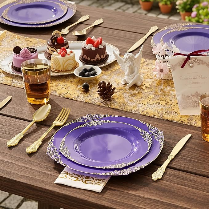 Fijinhom 350pcs Purple Plastic Plates, Elegant Disposable Dinnerware Set, 125 Pieces, White and Gold, Plates, Cups, Cutlery and Napkins (Purple, 50 Guests)