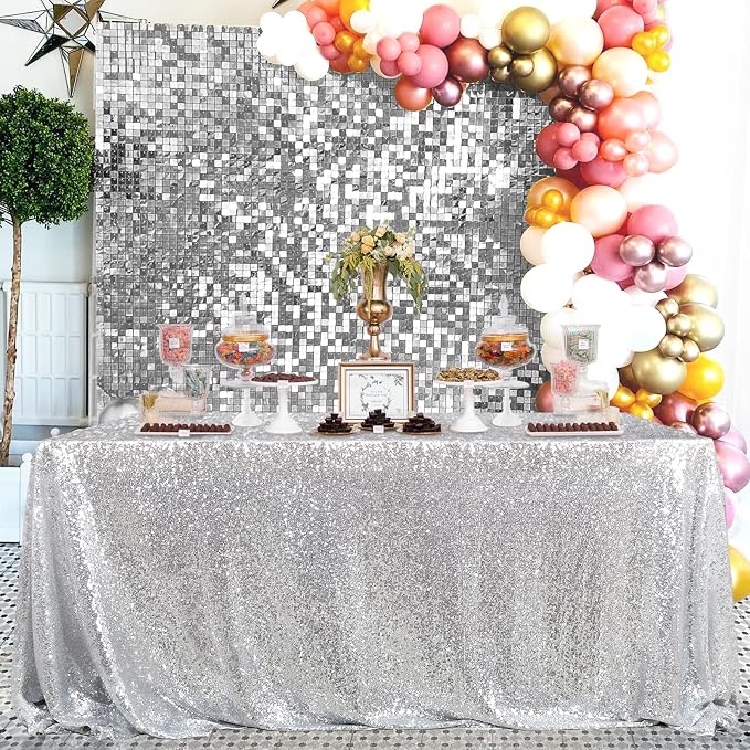 MoKoHouse Sequin Tablecloth Rectangular 90x132 Inch Silver Table Cloth Seamless Glitter Fabric for Home Party Wedding Decor Christmas Decorations