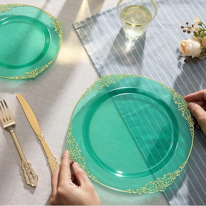 Goodluck 250 PCS Vintage Translucent Green & Gold Rim Plastic Plates with Cutlery Set - Serves 50 - Heavy Duty Elegant Disposable Dinnerware for St Patricks Day, Safari, Christmas