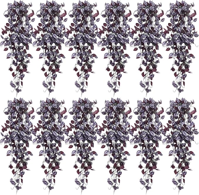 Daifunli 12 Pcs Artificial Hanging Plants Fake Hanging Ferns Plastic Fake Plant for Wall Room Garden Garland Indoor Outdoor Decor No Basket (Purple Eyebrow)