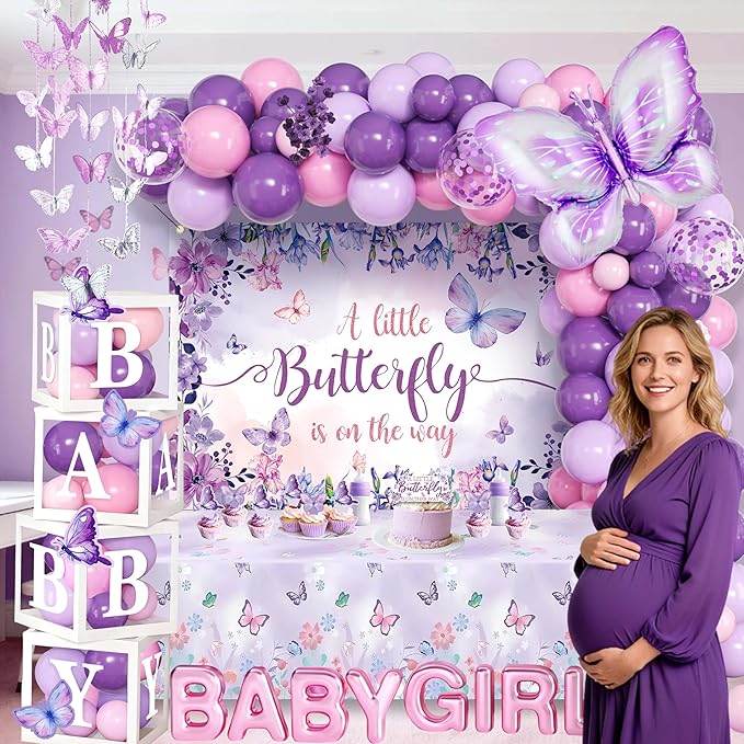 Purple Butterfly Baby Shower Decorations for Girl - Lavender Pink Party Supplies Include Balloon Garland Arch, Backdrop, Table Cover, 4 Boxes, Foil Balloons - A Little Butterfly is on the Way
