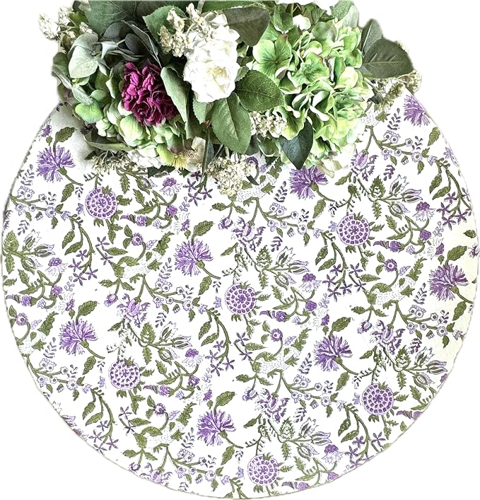 ATOSII Mahoka 100% Cotton Block Print Round Tablecloth, Floral Table Cloth Linen for Dining Parties Weddings Outdoors Holidays I 60" Inches Round, 4 Seater I Spring Summer Farmhouse Grandmillennial
