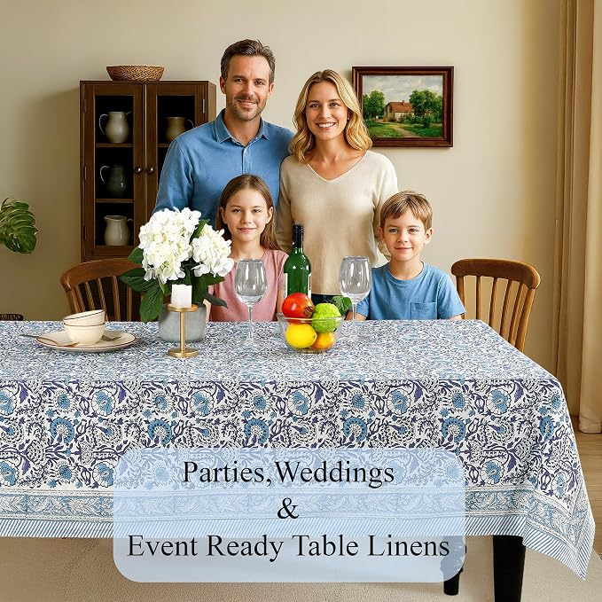 CPC Tablecloth 100% Cotton 70x118 Inch Indian Block Print Rectangle Table Cover, Table Cloth for Weddings, Spring/Summer, Barbeque - Indigo Blue