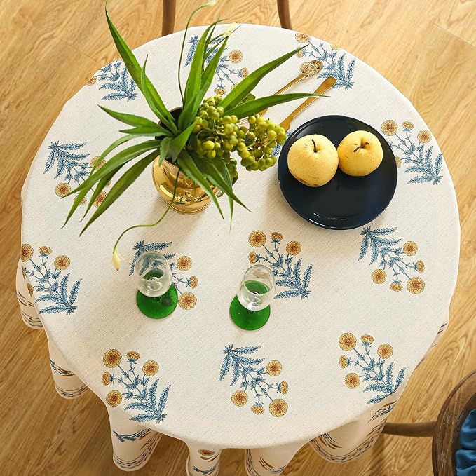 ISAENNE Designer French Linen Round Tablecloth,Diameter 67"-Estevan A | Vintage Elegant Beautiful Printed Table Cloth,Pale Yellow Floral Pattern,Durable,Dining,Kitchen,Tea Party,Thanksgiving