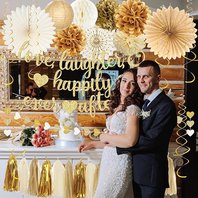 Roetyce Engagement Party Decorations, Gold Glitter Love Laughter & Happily Ever After Banner for Bridal Shower, Wedding Bachelorette Party Backdrop, Almost Married/Just Engaged Photo Background Decor