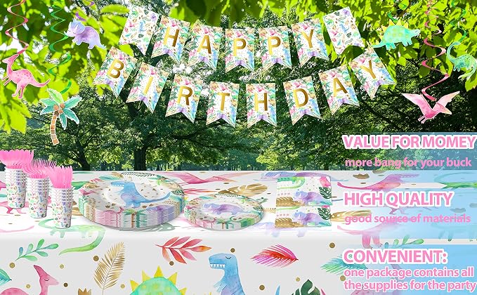 Girl Dinosaur Birthday Decorations - Serves 20 - Pink Dinosaur Birthday Plates and Napkins Set with Cups and Cutlery - Pastel Floral Girl Dinosaur Party Supplies for Three-Rex, 1st 2nd 3rd Birthday
