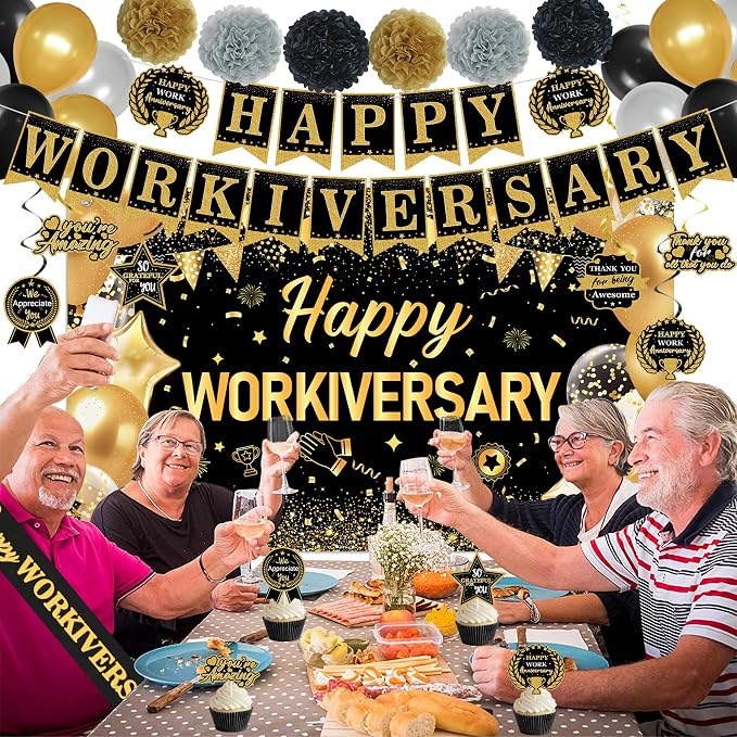 DARUNAXY Happy Workiversary Party Decorations for Men Women, Black Gold Happy Work Anniversary Banner Cake Topper Hanging Swirl Confetti Balloons Decor Set for Employee Office Party Supplies(31PC)