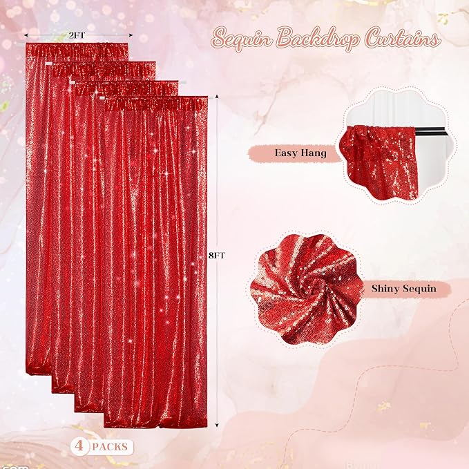 PartyDelight Red Sequin Backdrop Curtains 2x8ft 4 Panels | 3mm stitched sequin curtain with 4 inch rod pocket for 2x8ft 4 panel fuller wall coverage pleated backdrop and 8ft stand
