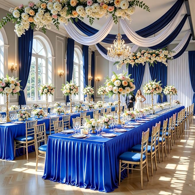 6 Packs Royal Blue Satin Tablecloths Rectangle 6FT, Glitter Spandex Fitted Stretch Table Covers Wrinkle-Free Floor Length Shimmer Table Skirt for Weddings Parties Baby Shower Banquets Vendor Events