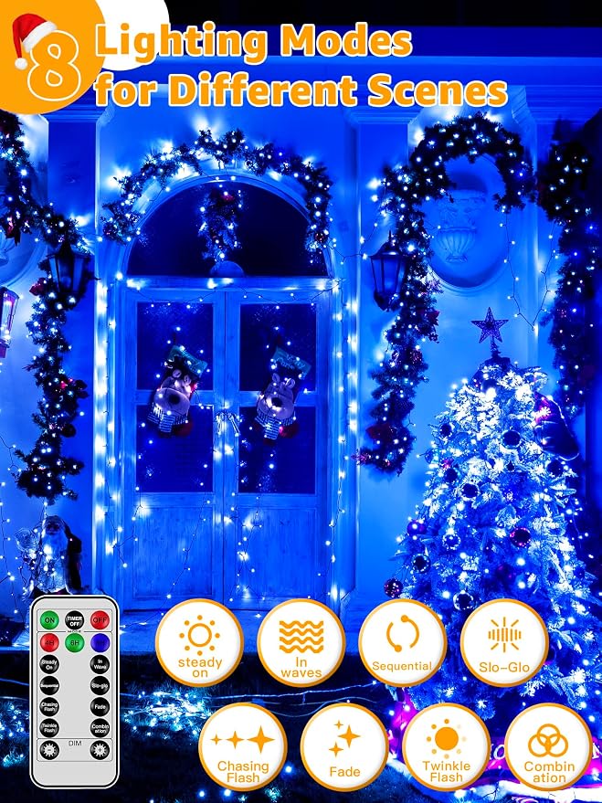 BrightChristmas 500 LED 164 FT Christmas Lights, Waterproof Outdoor String Lights with Remote and Timer, Christmas Tree Lights with 8 Modes Dimmable, Fairy Lights for Holiday Decor (Blue)