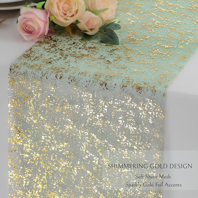 Snowkingdom Sage Green Table Runner 2PCS 11 x 108 Inch Metallic Foil Sequin Glitter Thin Sheer Mesh Fabric Decorations for Wedding Birthday Christmas Party Centerpieces Reception Dining Home Holiday