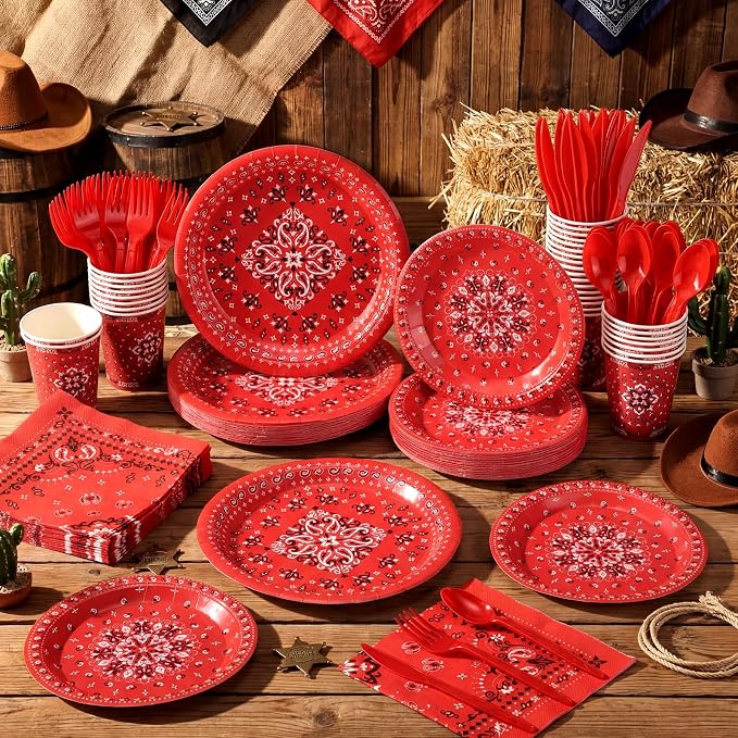 Funnymoom 400 Pcs Western Cowboy Party Supplies for 50 Guests Red Bandana Western Paper Plates and Napkins Knives Spoon Fork Cup Disposable Paisley Farm Dinner Party Set for Baby Shower Birthday
