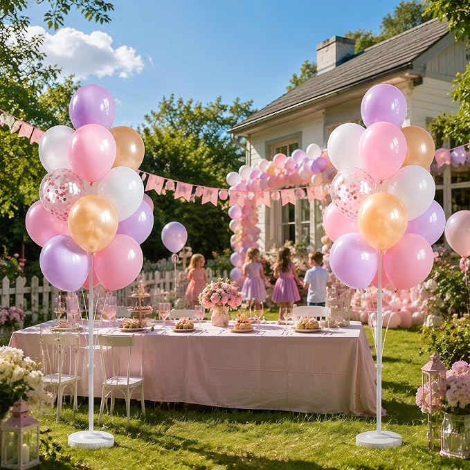Balloon Column Kit Set of 2,Anti-Tip Sand-Fill Base Balloon Tower Stand with 10" 26pc pink purple Confetti Balloons,Height Adjustable for Easter Birthday Wedding Bridal Party Decorations