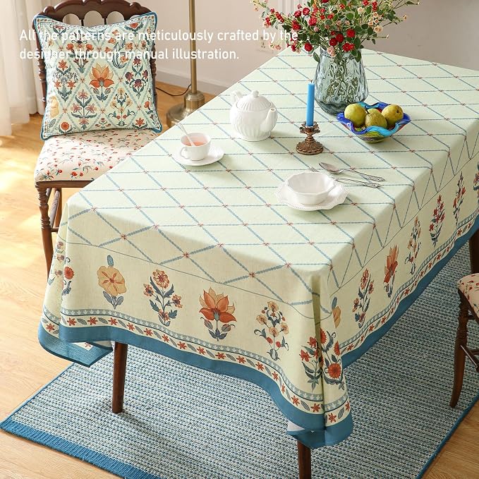 ISAENNE Designer Vintage Linen Rectangular Tablecloth,79"x55"-Floralsea B | French Elegant Printed Table Cloth for Rectangle Table,Floral Pattern,Decor,Heavyweight,Dining Room,Kitchen,Thanksgiving
