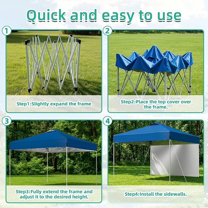 10X10FT Blue Pop Up Canopy Tent with 1 Sidewalls & Roller Carrybag for Sun Shade and Waterproof, Outdoor Adjustable Height Instant Shelter Gazebo with Sandbags for Camping, Patio, Backyard, Events