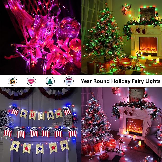 BrizLabs Color Changing Fairy Lights - 33ft 100 LED Red White & Blue Lights with Remote, Patriotic Light Music Sync Rainbow Christmas Tree Lighting with Timer for Xmas Halloween July 4th Party Home