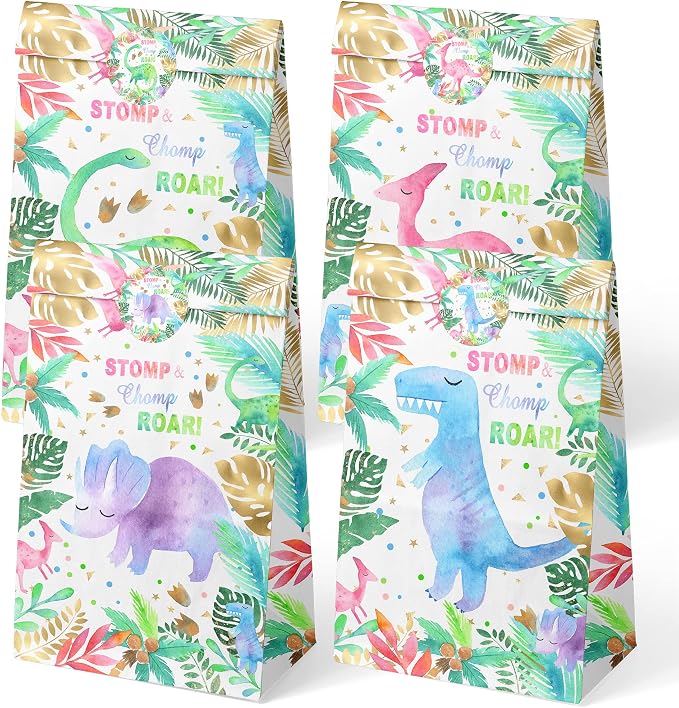 24 Pack Girl Dinosaur Party Favor Bags with Stickers - Pink Watercolor Dino Goodie Bags for Girls Birthday - Stomp Chomp Roar Girl Dinosaur Gift Bags for Candy, Small Toys - Dino Theme Treat Bags