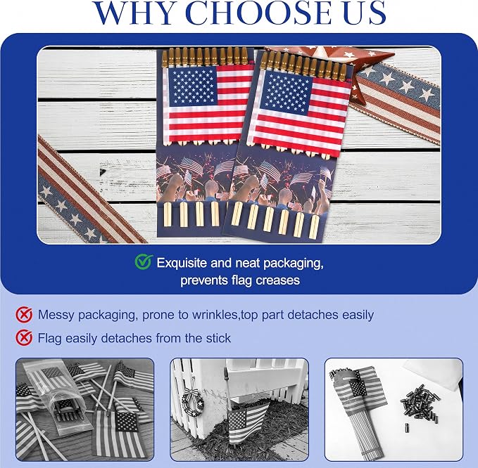 HOOSUN 12 Pcs Small American Flags On Stick,4th of July Decorations Small USA Flag On Stick,Mini 4''x6'' American Flags for Outside,Fourth of July Flag for Yard Lawn,Patriotic Memorial Day Decorations