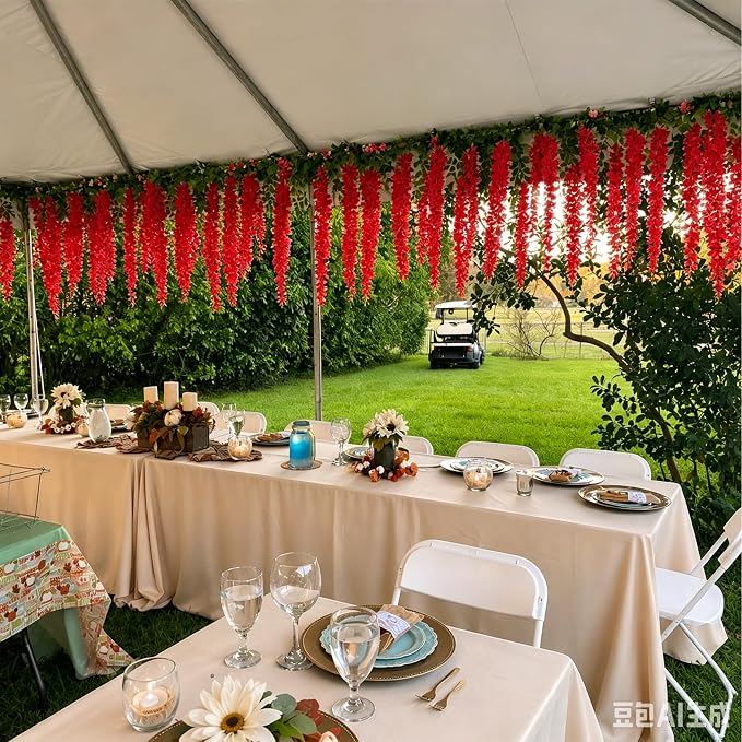 Artificial Wisteria Hanging Flowers Fake Wisteria Flower Garland Silk Vines Rattan Decor for Home Wedding Arch Wall Garden Greenery Bedroom Outdoor Office Party Decoration (12, Red)