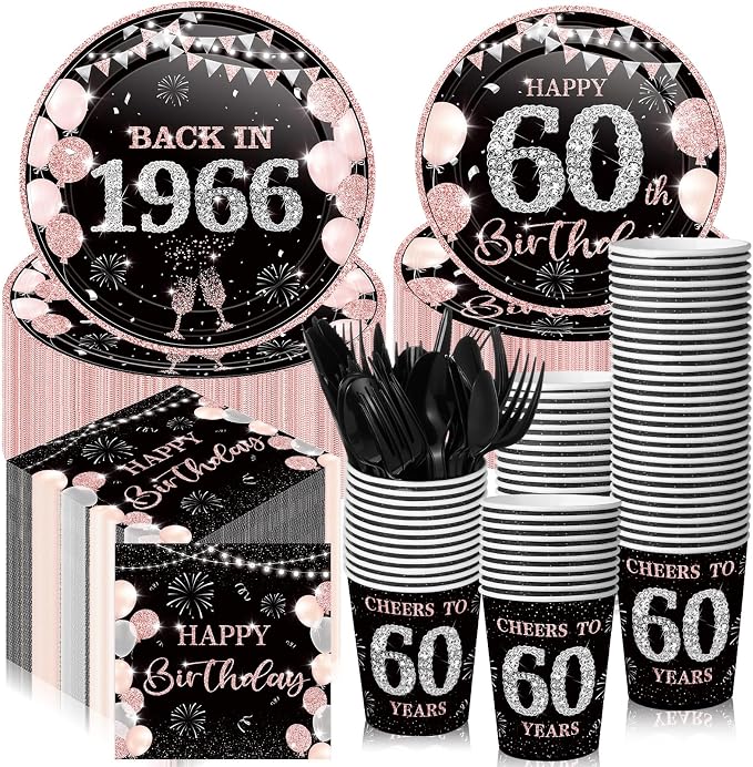 240 Pcs 60th Birthday Decorations 1966 Birthday Party Tableware Include Plates Napkins 9oz Cups Cutlery 60th Anniversary Party Supplies for Men Women Him Her, Serve 30 Guests (Black Pink)