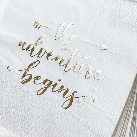 Kate Aspen The Adventure Begins Wedding Paper Plates and Napkins Set - 72 Piece Wedding Plates Disposable Party Tableware for 24 Guests - Bridal Shower Decorations, Engagement Party Decor
