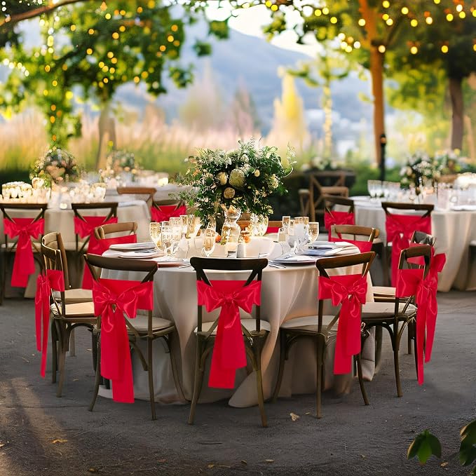 10 Pcs Red Satin Chair Sashes Bows Universal Chair Cover for Wedding Reception Events Banquets Party, Hotel Event Decorations, 6 x 108 inch