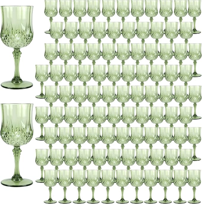 Plastic Wine Glasses, Plastic Goblets Vintage Style Cordial Unbreakable Drinking Glasses, Reusable Drinkware for Wedding Reception, Grand Event Party Supplies (100, New Green)