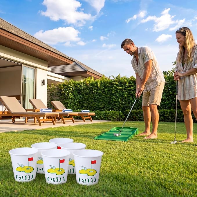 50 Pcs Golf Yard Game Set, Backyard Chipping Target Game with 12 Buckets 2 Hitting Mats 12 Balls 24 Cold Transfer Stickers, Outdoor Lawn Tailgate Games, Golf Gifts for Men Dad