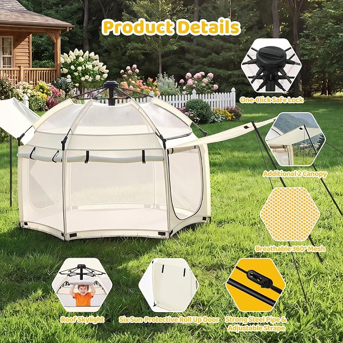 Dripex Upgraded Pop Up Playpen w/t 2-Side Canopy Extension & Built-in Pad,Quick Foldable Indoor/Outdoor Baby Playpen w/t One-Click Safe Lock,2-Side Roll-Up Door,Travel Pop and Go Beach Play Pen Beige