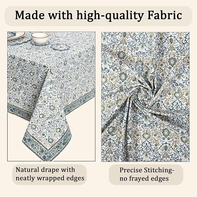 Ridhi Indigo Hand Block Print Cotton Rectangle Tablecloth 90" x 60" inches Reusable Table Cover Decorative Everyday Use for Dining Room, Farmhouse, Home Gift for Spring, Mother's Day