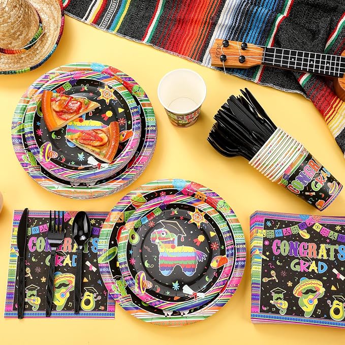 Yungyan 252 Pcs Mexican Graduation Fiesta Party Tableware Set Mexican Graduate Plates Napkins Cups Forks Knives Spoons for Mexico Graduate Party Decorations Supplies 36 Guests