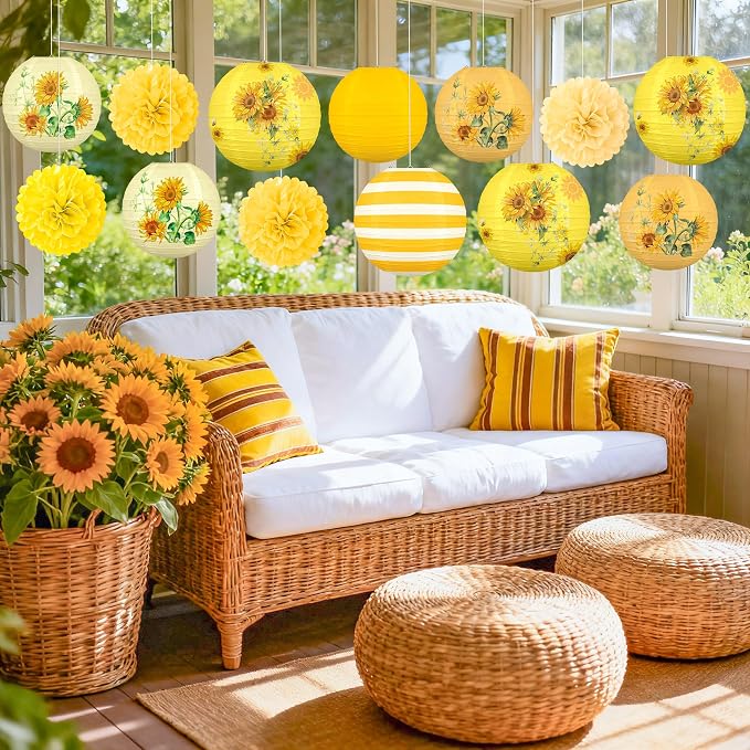 13PCS Sunflower Decor Paper Lanterns Pom Poms Summer Hanging Decor for Home Garden Indoor Outdoor