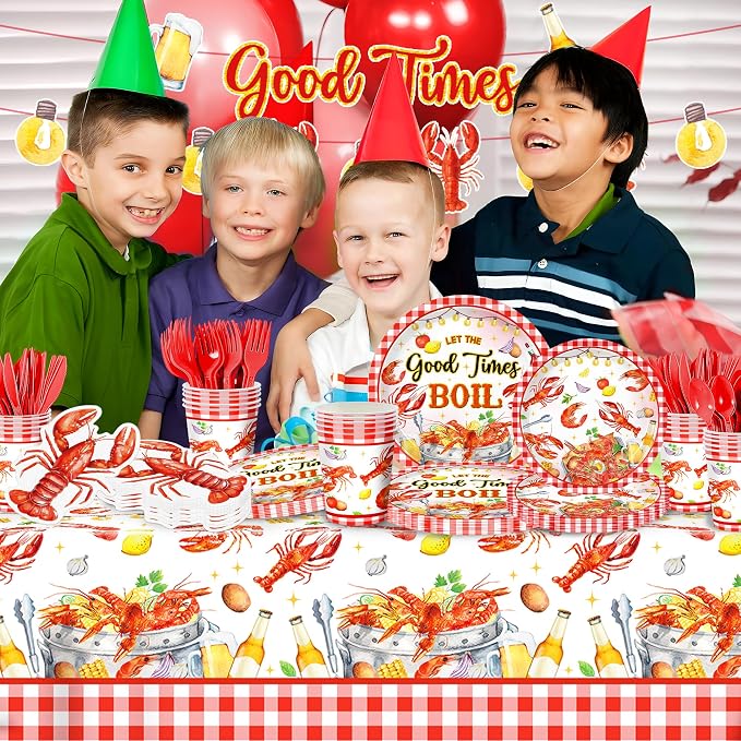 170PCS Crawfish Boil Party Decorations Crayfish Crab Seafood Shrimp Theme Party Supplies Watercolor Lobster Plates Cups Napkins Tableware for Summer BBQ Picnic 24 Guests