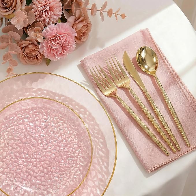 I00000 150Pcs Clear Pink Plastic Plates with Gold Rim,Pink Disposable Plates,Clear Hammer Patterned Disposable plates Set include 30 Dinner Plate,30 Dessert Plate,90 Plastic Silverware Set for Party