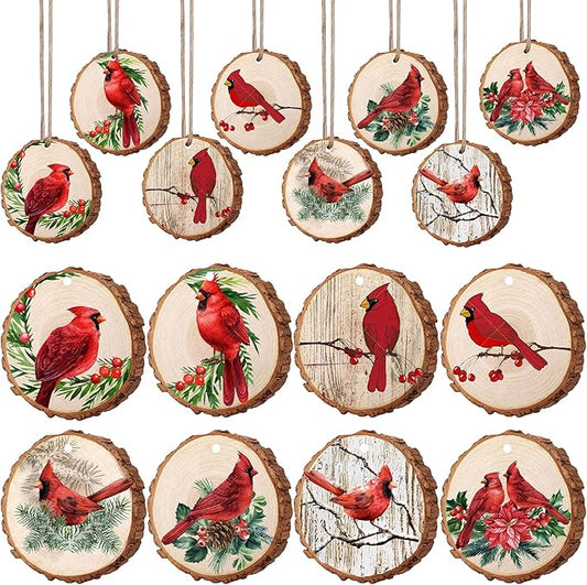 16 PCS Christmas Wood Ornaments Red Birds Hanging Wood Decor Christmas Wooden Slice Ornaments with Hemp Rope for Xmas Tree Decor DIY Crafts Memorial Gifts