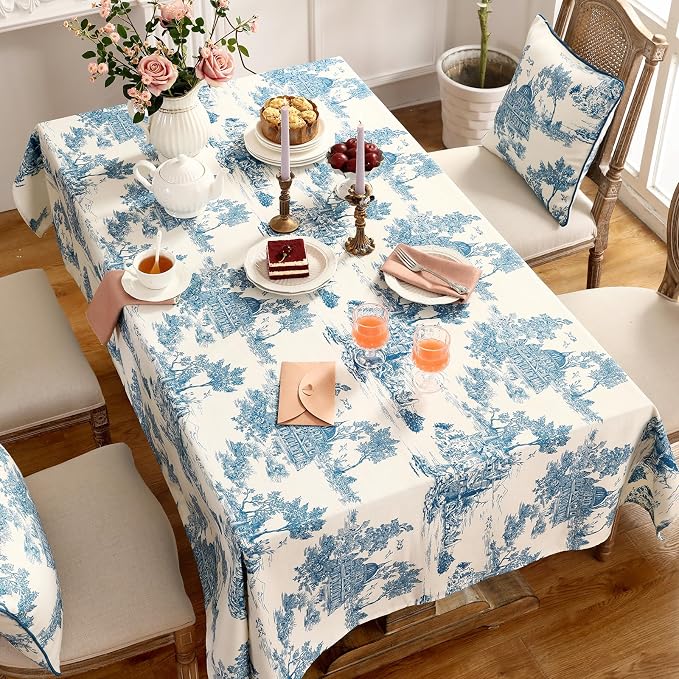 patdrea Elegant French Linen Tablecloth,Square,67"x67"-Lucerne A | Vintage Elegant Table Cloth for Square Table,Blue and White Chinoiserie Print,for Dining Room Tea Party Thanksgiving