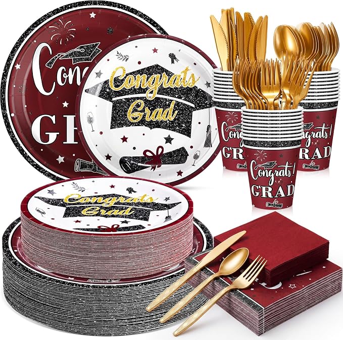 Domensi 400 Pcs 2026 Graduation Decorations Plates and Napkins and Cups Set Serve 50, Maroon and Gold Graduation Party Supplies, Class of 2026 Paper Tableware 9oz Cup Knife Fork Spoon Congrats Grad